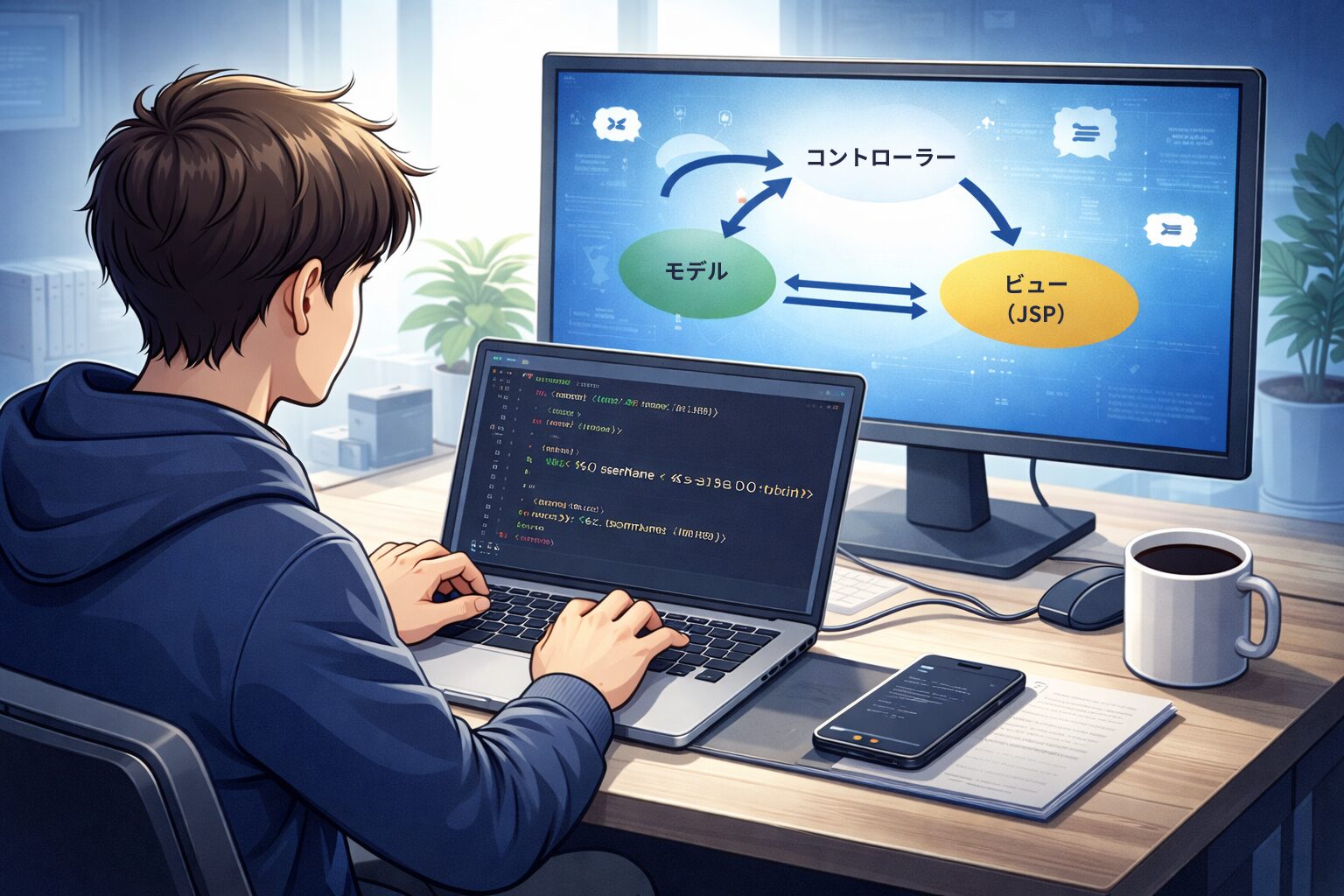 「デュアルモニター環境でPCを操作するエンジニアのイラスト。ノートPCにはコードが表示され、外部モニターにはMVC構造の図が表示されているWeb開発イメージ画像。」